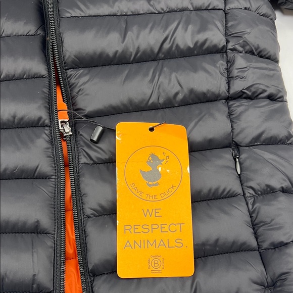 SAVE THE DUCK Black and Tangerine Hooded Puffer Jacket - Picture 9 of 10
